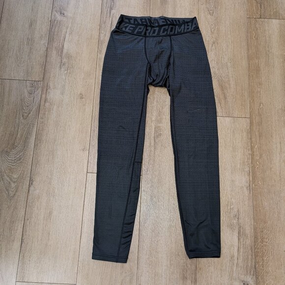 Nike Pro Combat Compression Pants Dri Fit Black Gray Striped Leggings Mens L - Picture 1 of 9